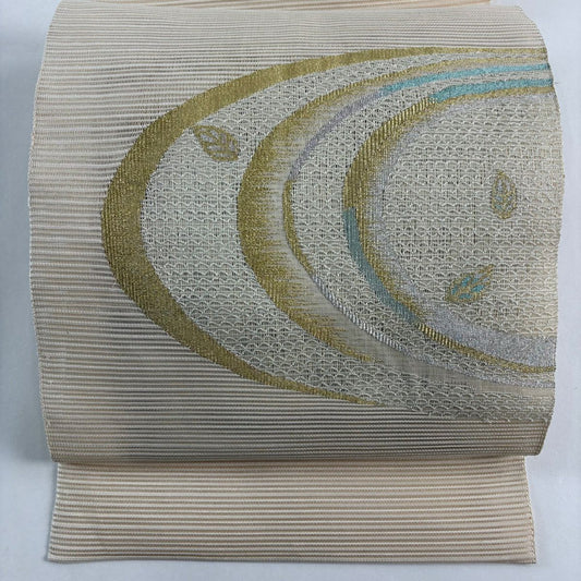 【美品】名古屋帶 秀品級 夏帶 絽 八寸名古屋帶 葉 幾何學 金銀彩 米色 純蠶絲