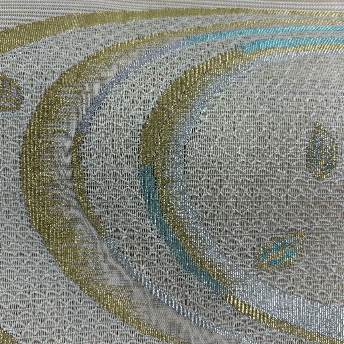 【美品】名古屋帶 秀品級 夏帶 絽 八寸名古屋帶 葉 幾何學 金銀彩 米色 純蠶絲