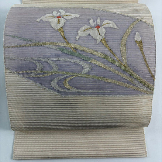名古屋帶 秀品級 夏帶 絽 八寸名古屋帶 菖蒲 流水 金銀彩 薄紫 純蠶絲