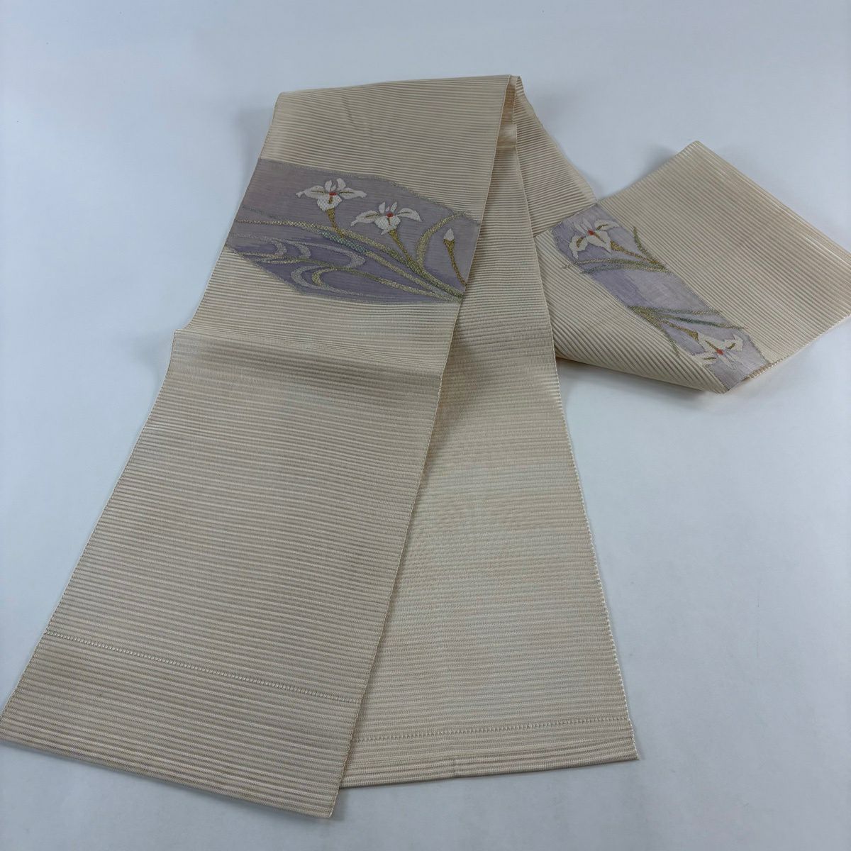名古屋帶 秀品級 夏帶 絽 八寸名古屋帶 菖蒲 流水 金銀彩 薄紫 純蠶絲