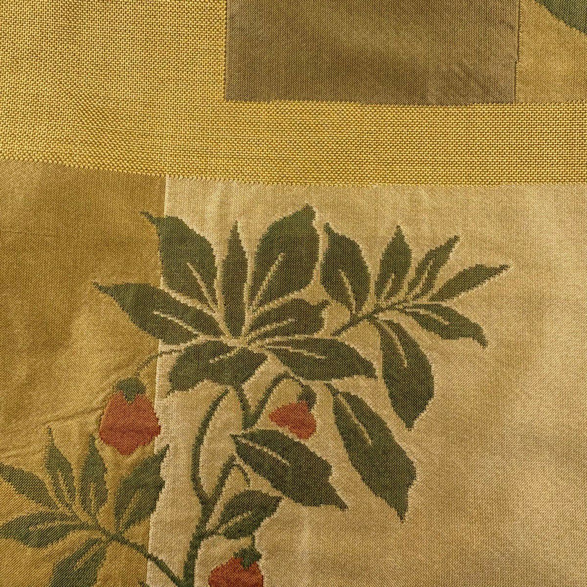 【美品】 袋帶 秀品級 木屋太 落款 草花紋 色紙 黃土色 六通 純蠶絲