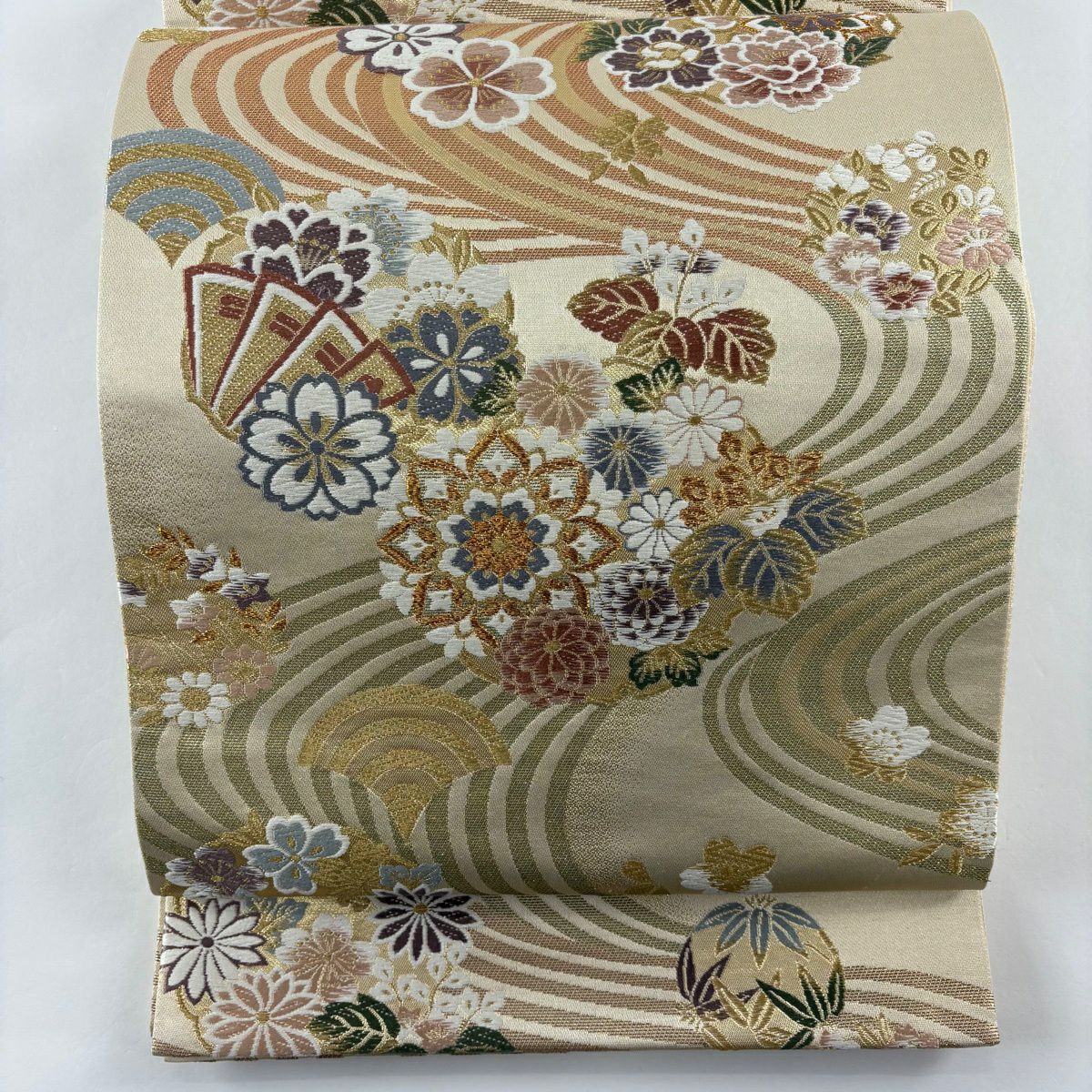 【美品】 袋帶 秀品級 花丸紋 流水 金絲 金金箔 米色 六通 純蠶絲