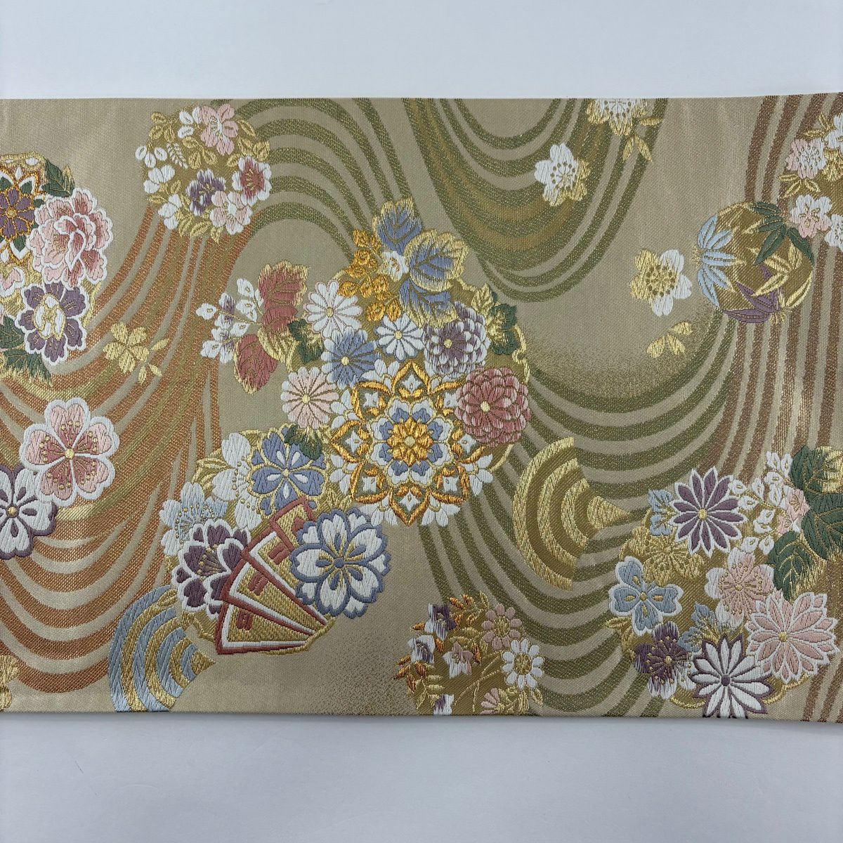 【美品】 袋帶 秀品級 花丸紋 流水 金絲 金金箔 米色 六通 純蠶絲