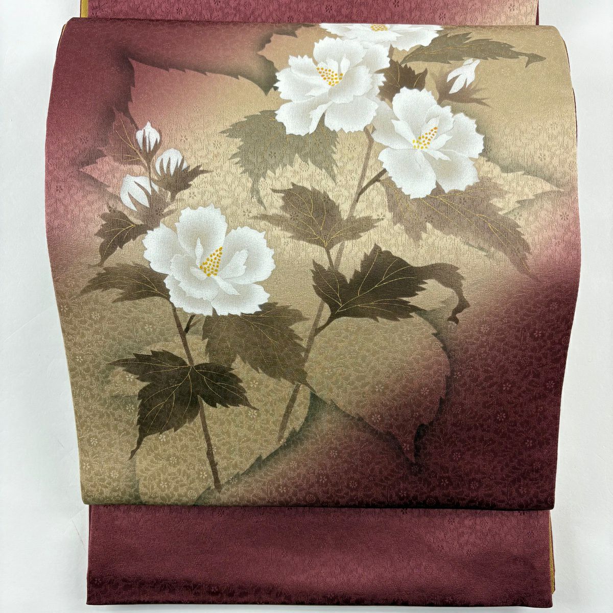 袋帶 秀品級 附有落款 大和 枝花 金彩裝飾 紅紫 お太鼓圖案 純蠶絲