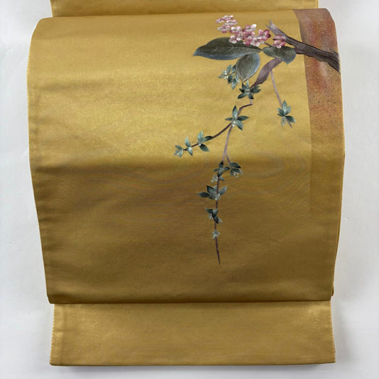 袋帶 秀品級 花器 草花紋紋 刺繡 金線 金色 大鼓圖案 純蠶絲