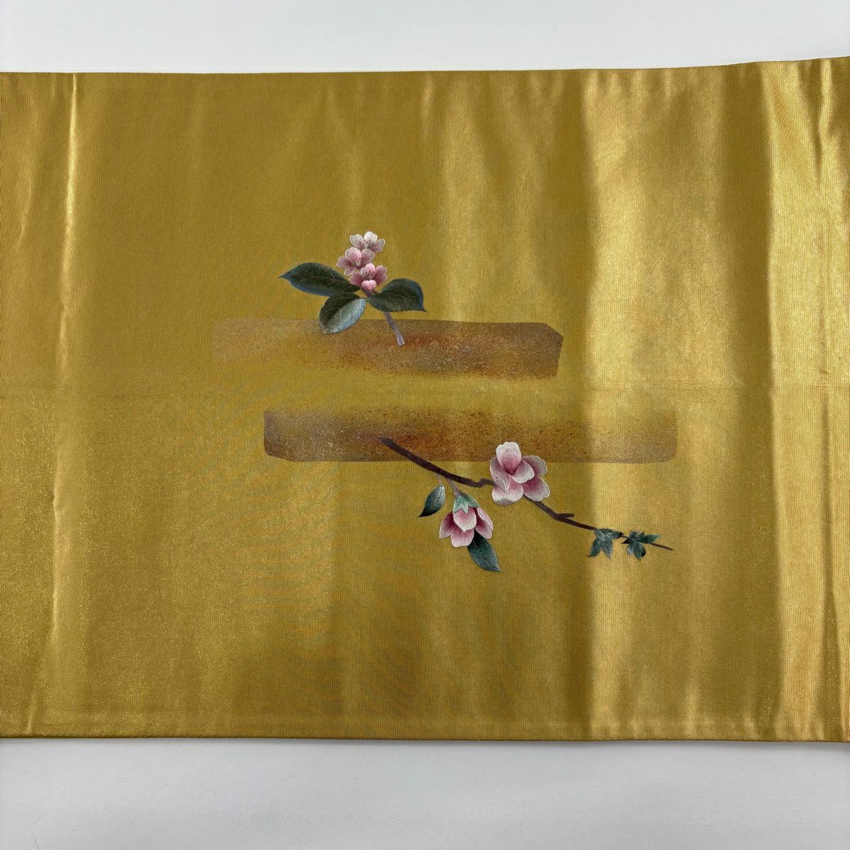 袋帶 秀品級 花器 草花紋紋 刺繡 金線 金色 大鼓圖案 純蠶絲