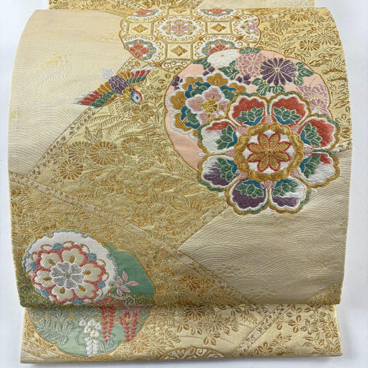 【美品】 袋帶 秀品級 華紋 花鳥 金銀線 金金箔 金 六通 純蠶絲