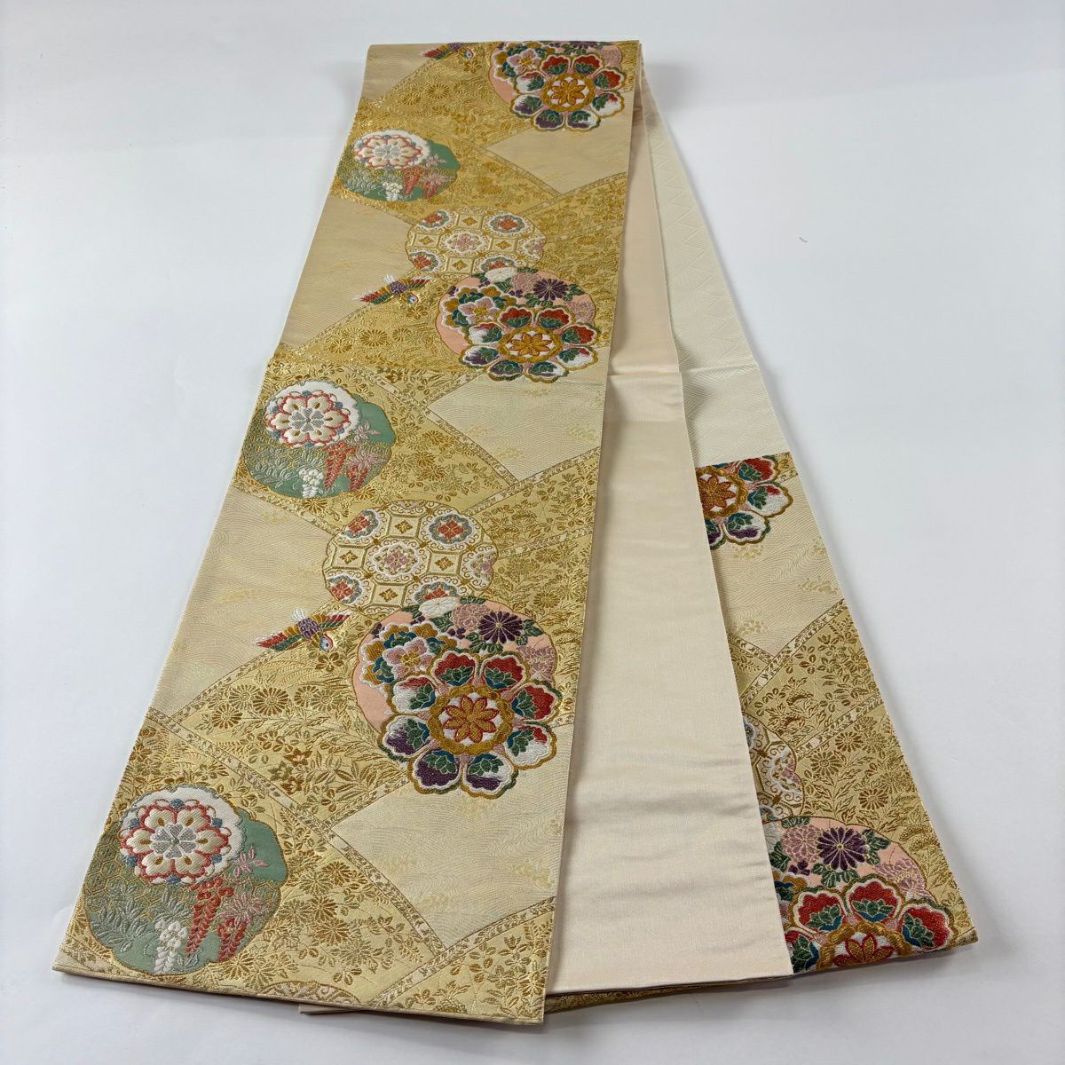 【美品】 袋帶 秀品級 華紋 花鳥 金銀線 金金箔 金 六通 純蠶絲