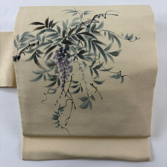 【美品】名古屋帶 秀品級 草花紋紋 縮緬 薄黃 純蠶絲