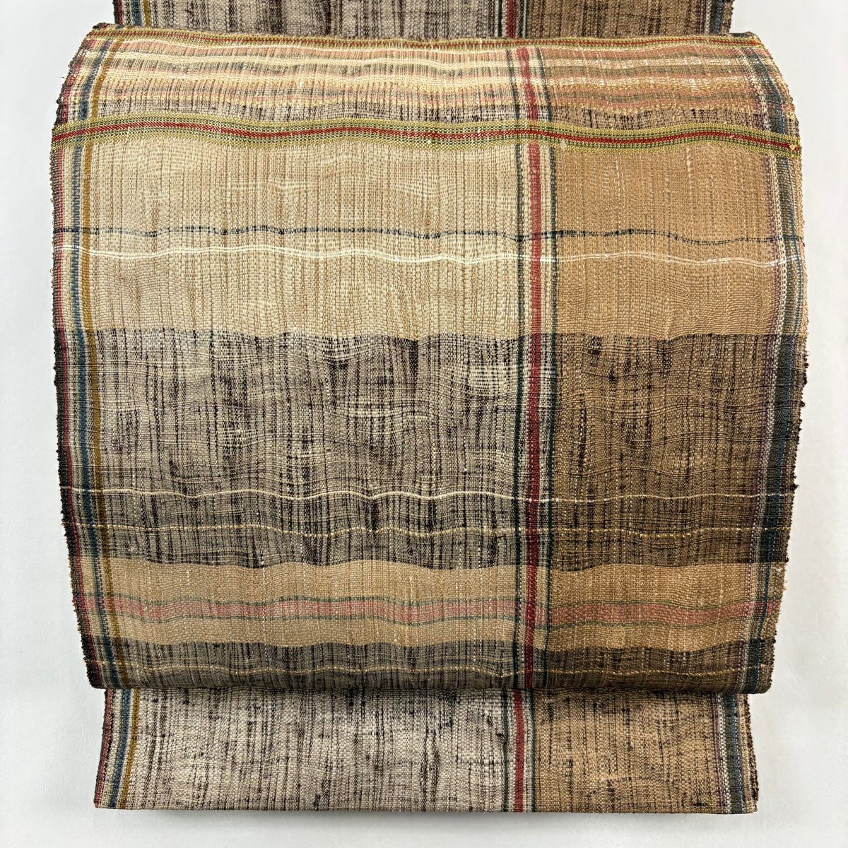 【美品】 袋帶 秀品級 格子 縞紋 金絲 金金箔 淺茶 細帶圖案 純蠶絲