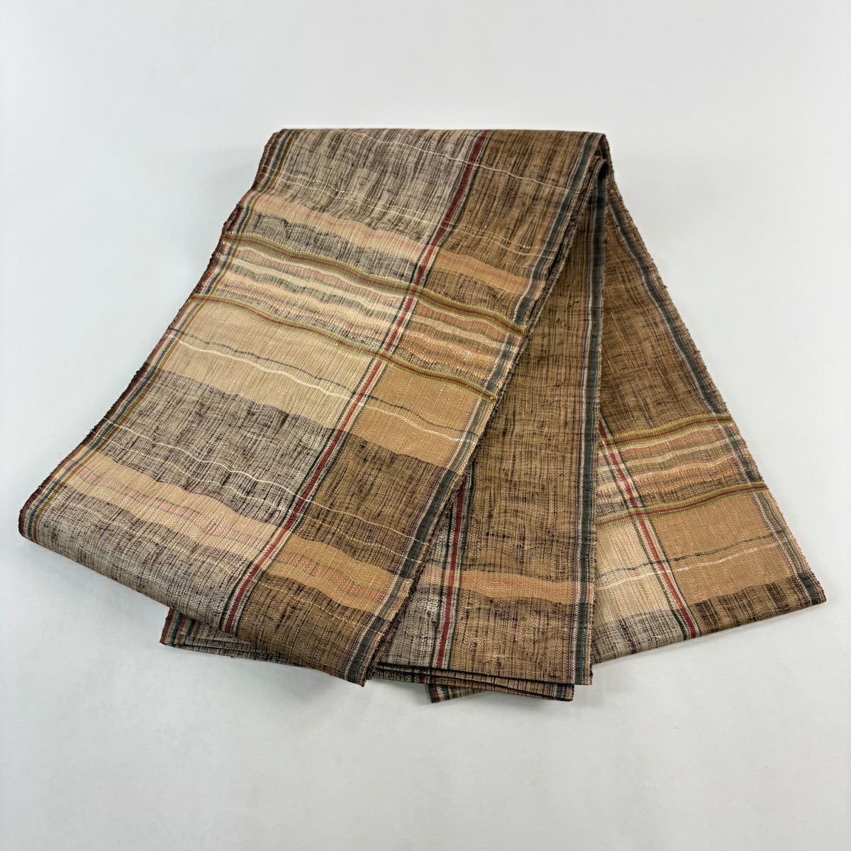 【美品】 袋帶 秀品級 格子 縞紋 金絲 金金箔 淺茶 細帶圖案 純蠶絲