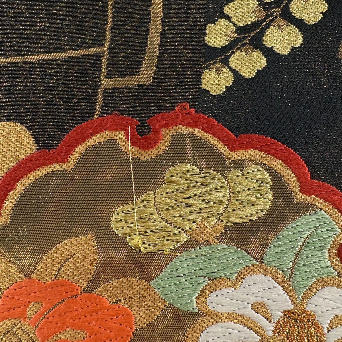 袋帶 秀品級 雪輪 草花紋刺繡 金銀彩 黑 全通 純蠶絲