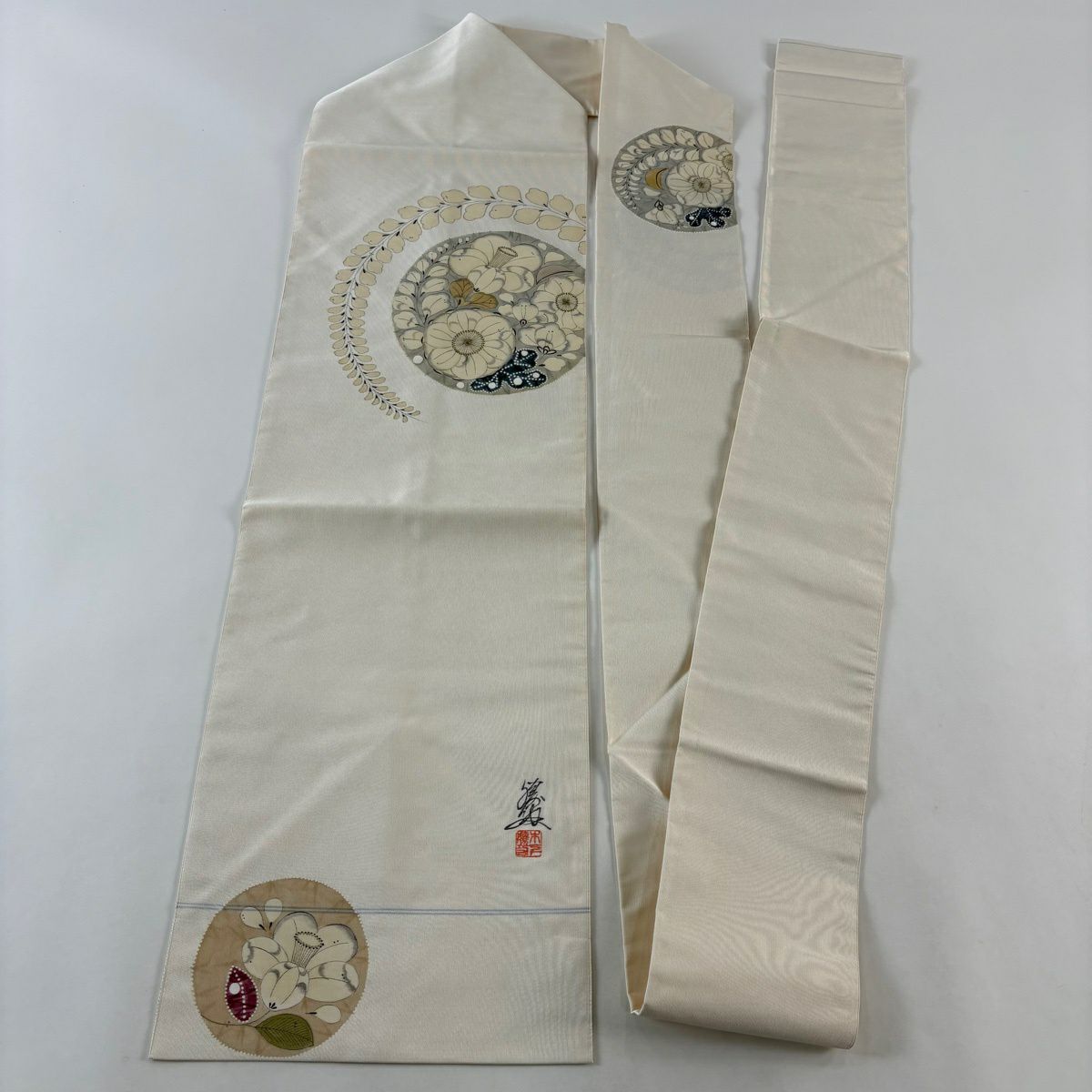 【美品】 名古屋帶 秀品級 有落款 八寸名古屋帶 辻花染 金彩裝飾 灰白 純蠶絲