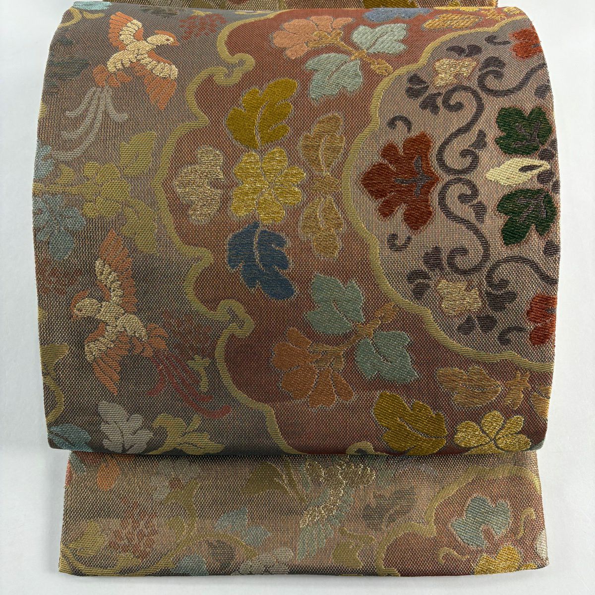 【美品】 袋帶 秀品級 本金 正倉院華紋 尾長鳥 刺繡 金糸 薄茶 六通 純蠶絲
