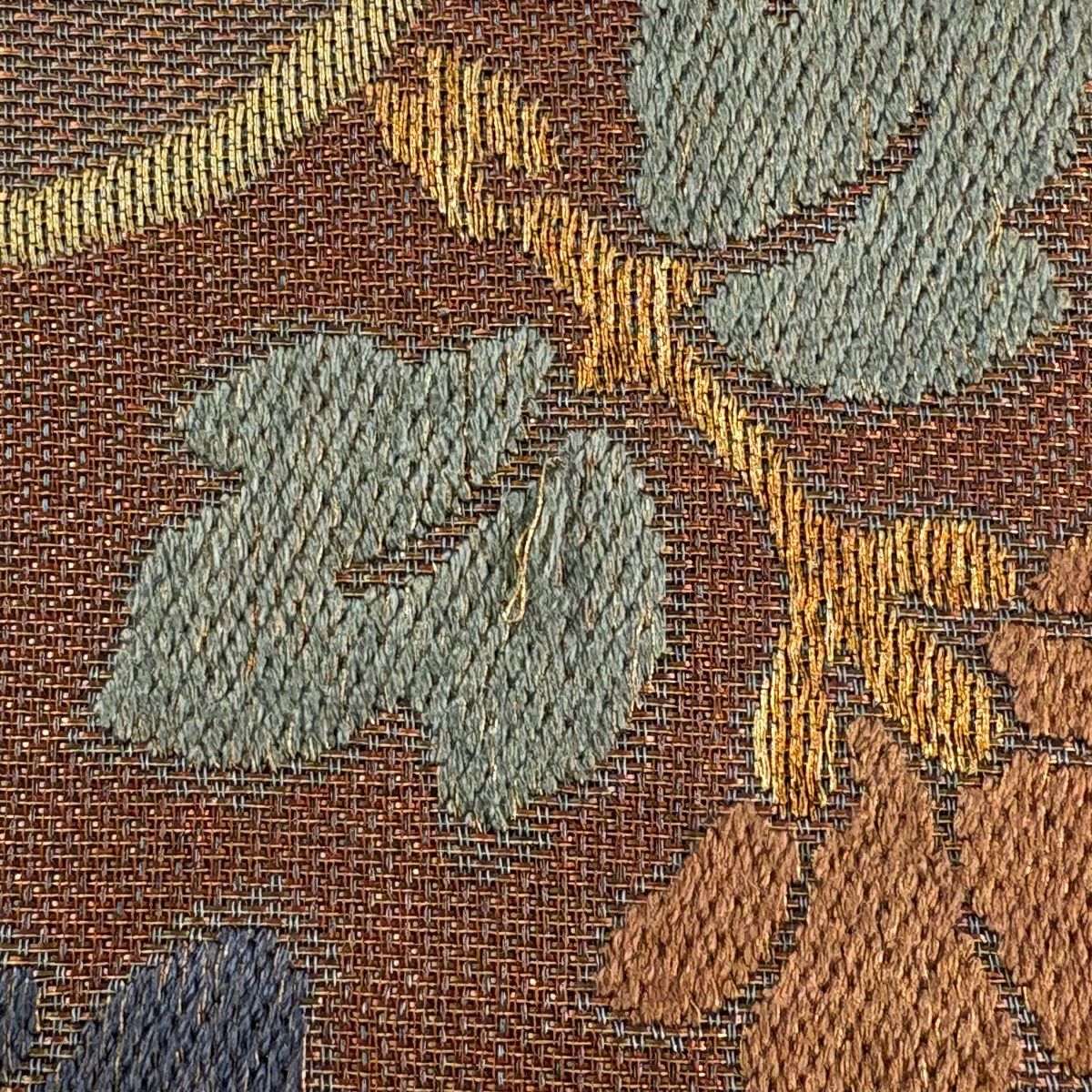 【美品】 袋帶 秀品級 本金 正倉院華紋 尾長鳥 刺繡 金糸 薄茶 六通 純蠶絲