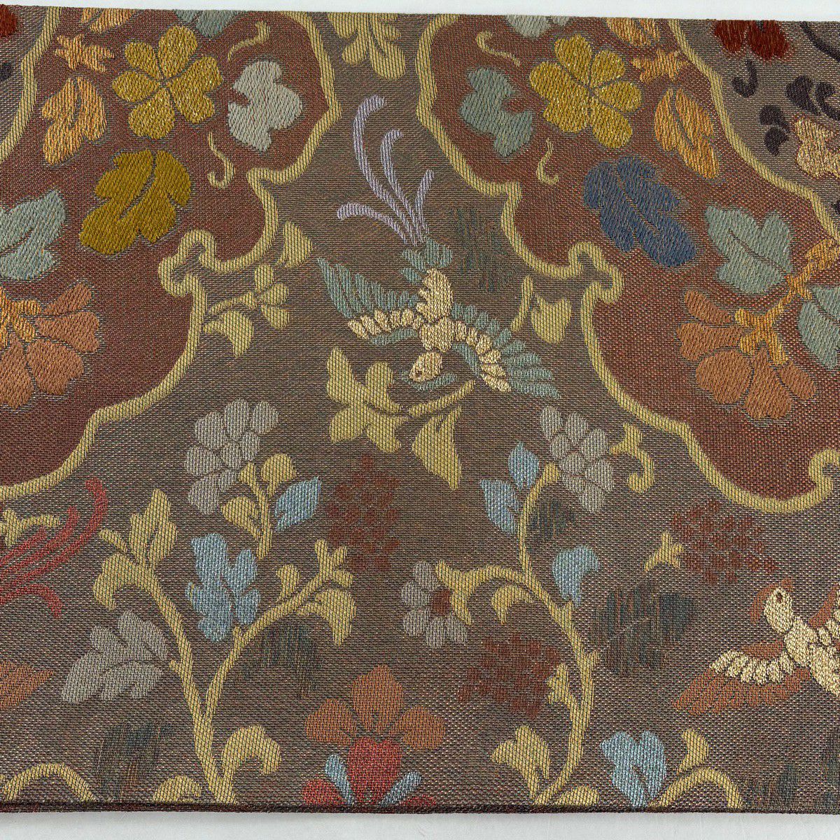【美品】 袋帶 秀品級 本金 正倉院華紋 尾長鳥 刺繡 金糸 薄茶 六通 純蠶絲