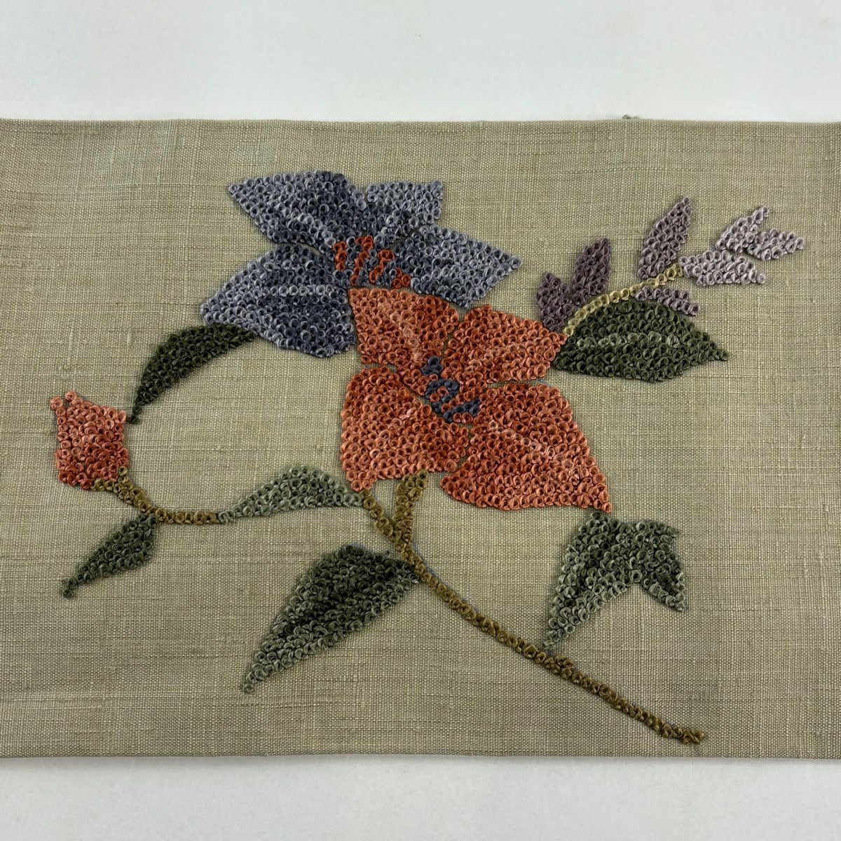 【美品】 名古屋帶 秀品級 紬織織 枝花 霞 刺繡 紅茶 純蠶絲