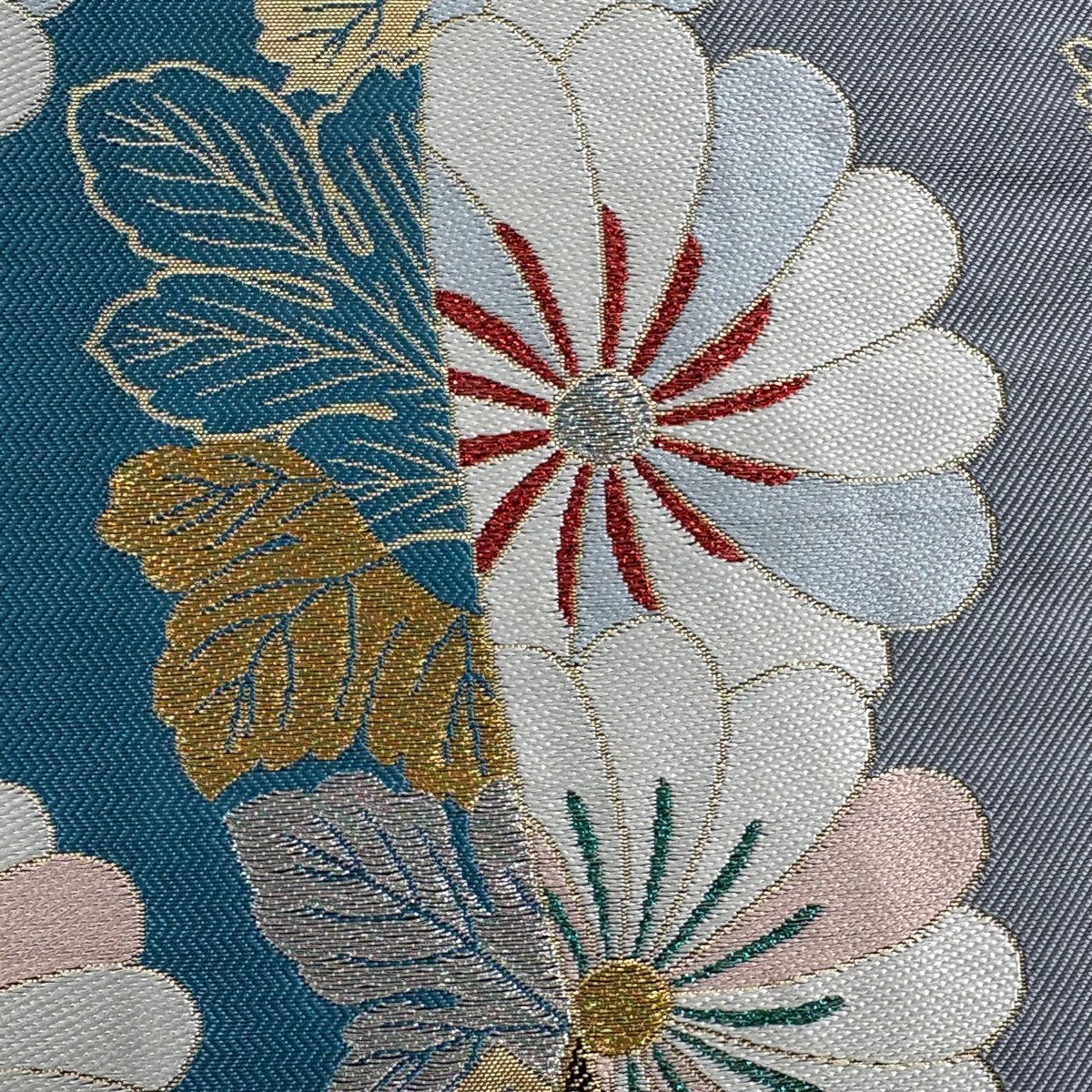 袋帶 秀品級 菊花花夢 金銀絲 青灰 六通 純蠶絲