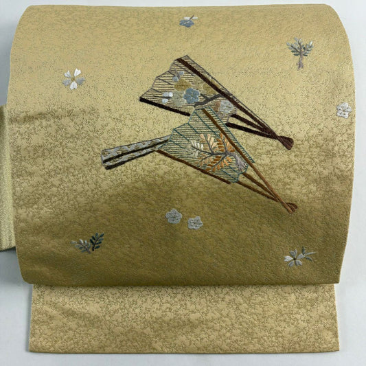【美品】 名古屋帶 秀品級 扇子子 枝梅花 刺繡 金通 純蠶絲