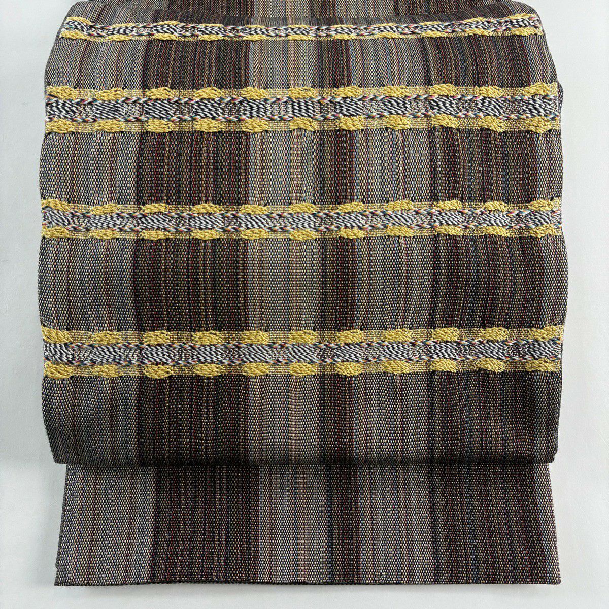 【美品】 袋帶 秀品級 縞 金絲 灰色 大鼓圖案 純蠶絲