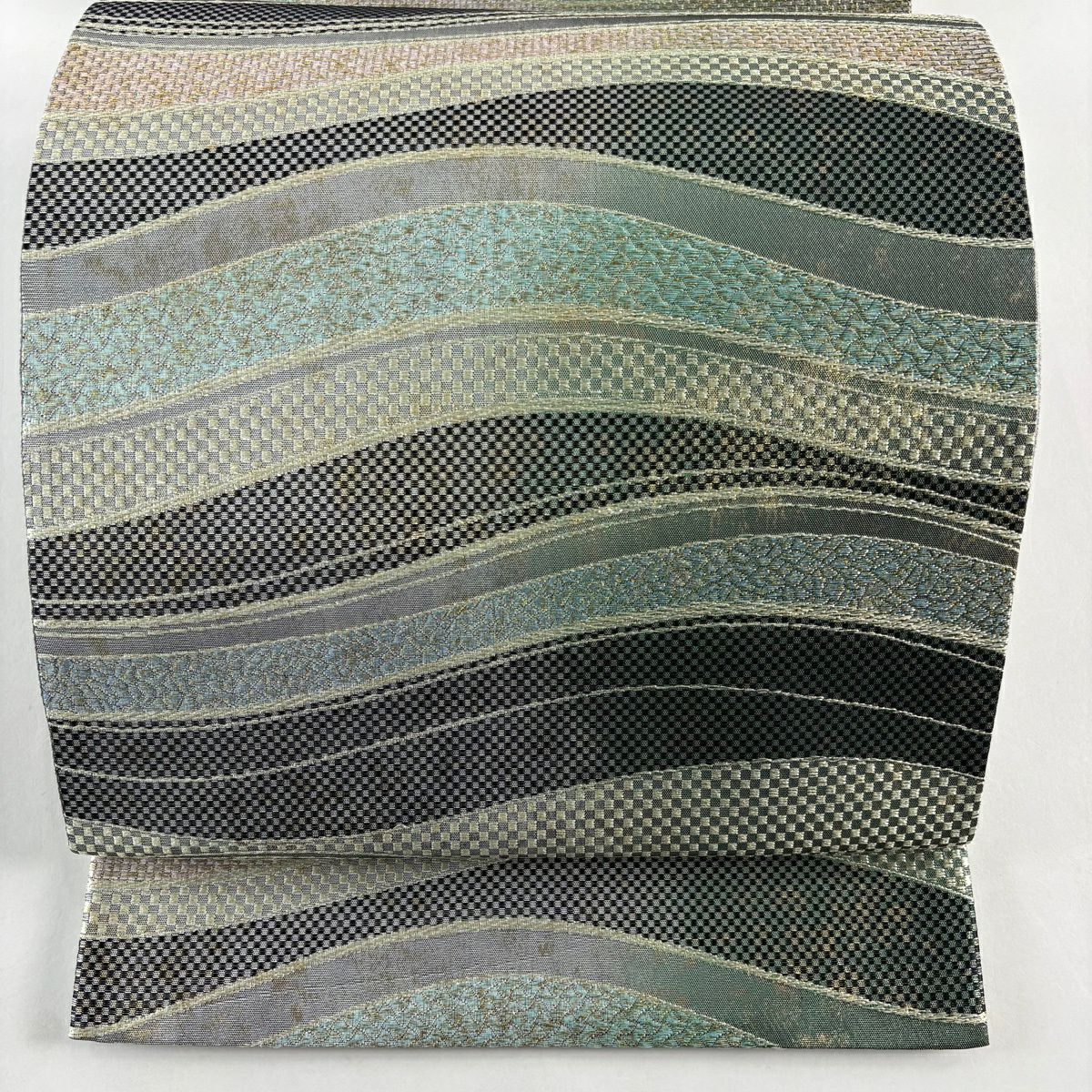 【美品】 袋帶 秀品級 證書齊全 波 幾何圖案 金絲 金金箔 灰綠 六通 純蠶絲