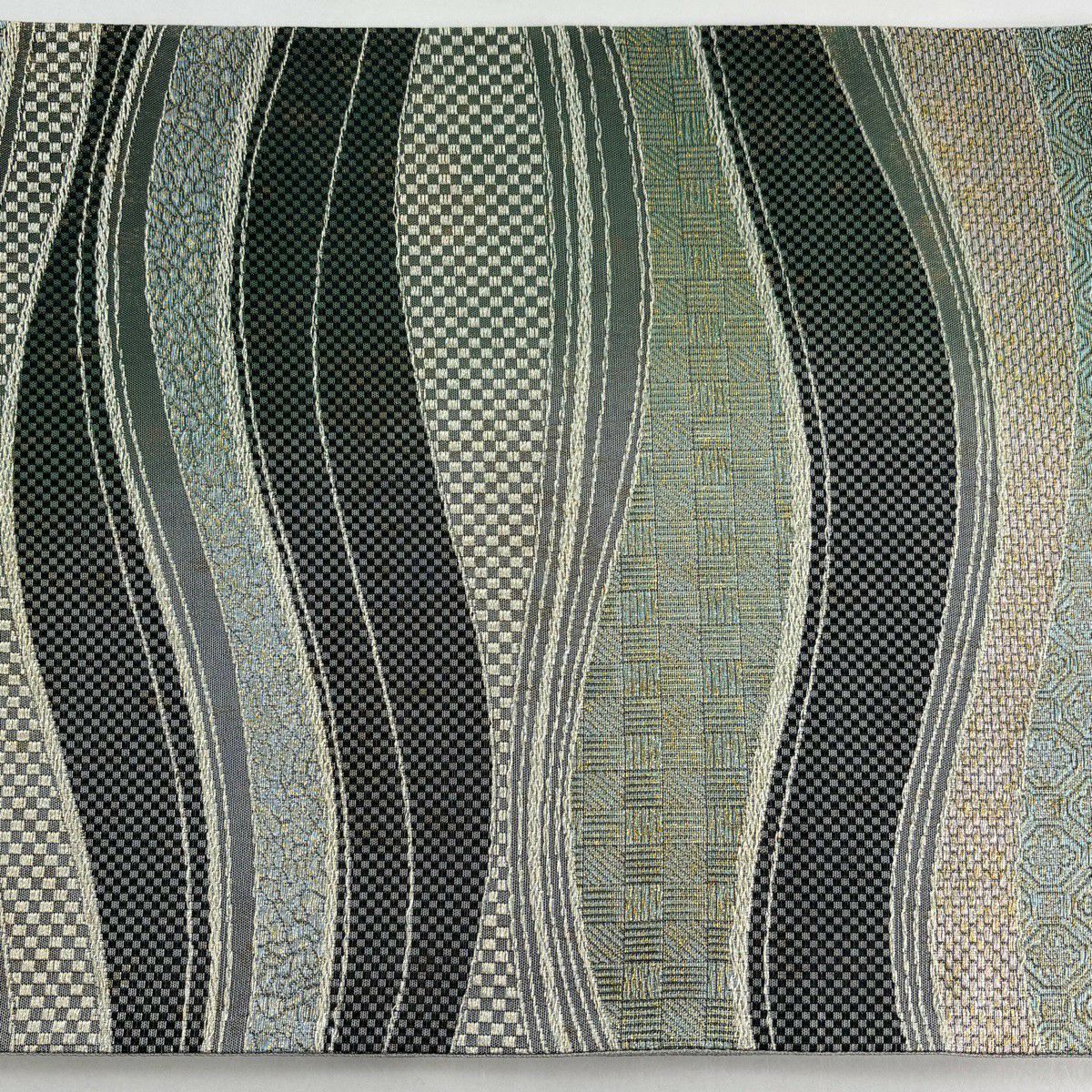 【美品】 袋帶 秀品級 證書齊全 波 幾何圖案 金絲 金金箔 灰綠 六通 純蠶絲