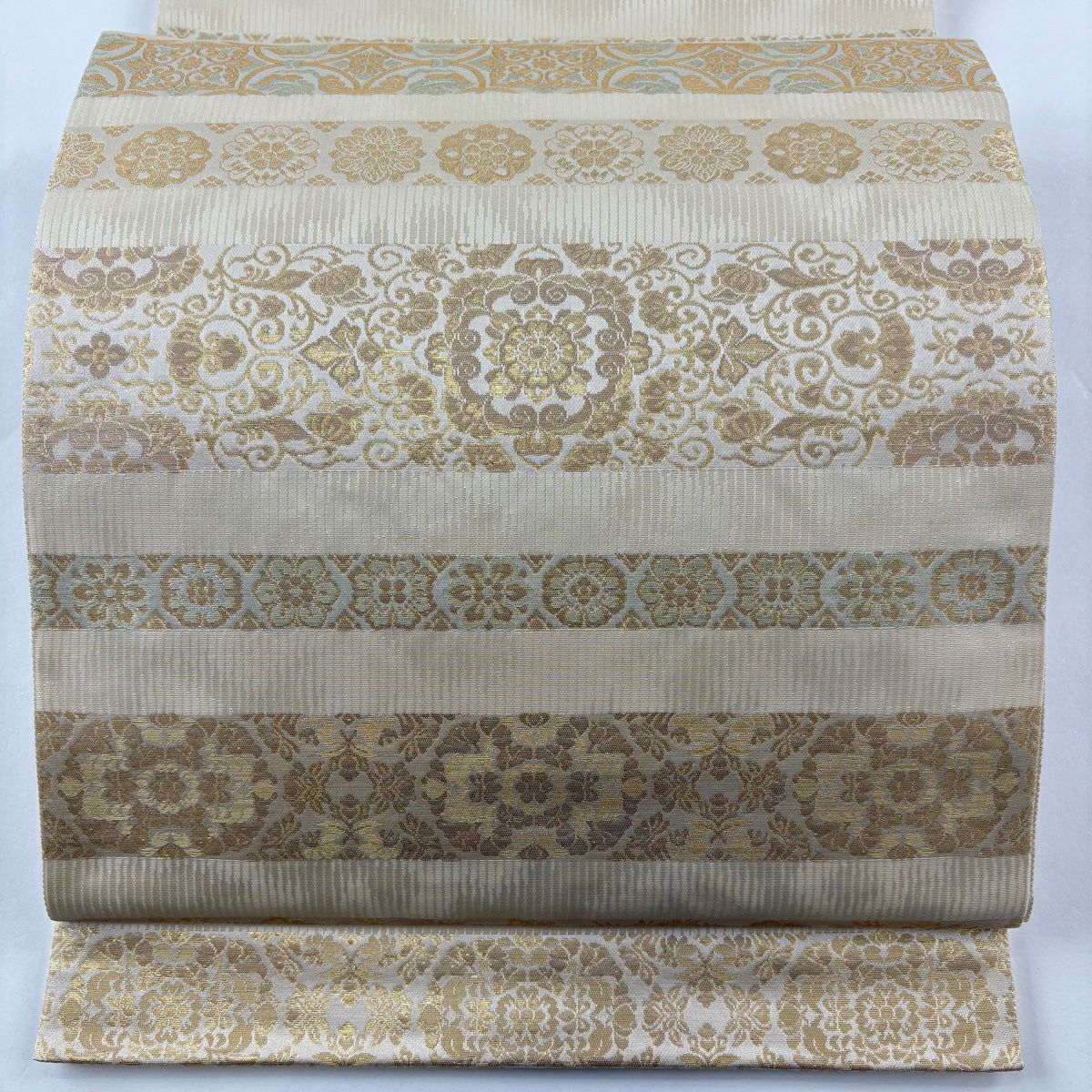 【美品】 袋帶 秀品級 華紋 段紋 金金箔 奶油色 大鼓圖案 純蠶絲