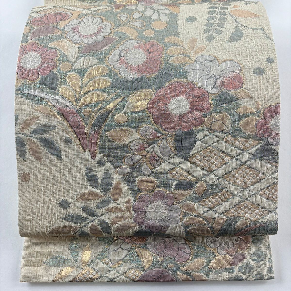 【美品】 袋帶 秀品級 辻花染圖案 菱 金金箔 奶油色 六通 純蠶絲