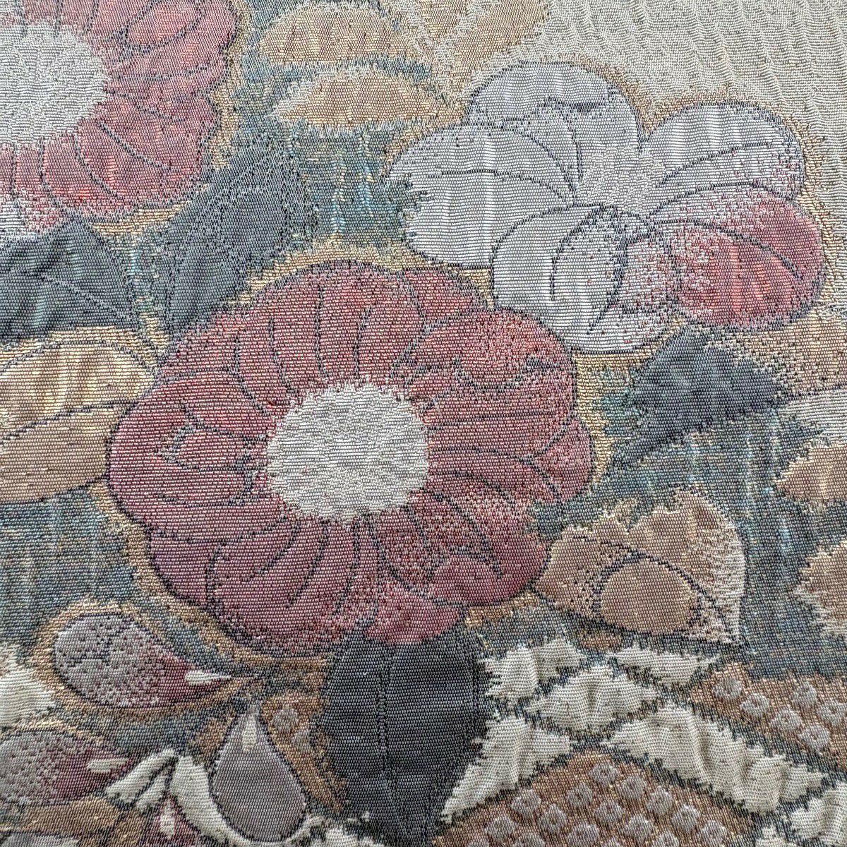 【美品】 袋帶 秀品級 辻花染圖案 菱 金金箔 奶油色 六通 純蠶絲