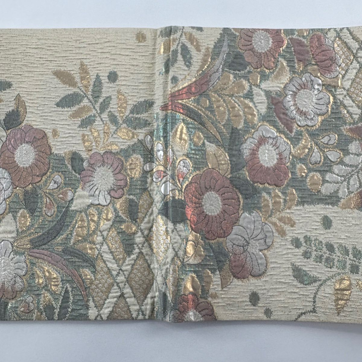 【美品】 袋帶 秀品級 辻花染圖案 菱 金金箔 奶油色 六通 純蠶絲