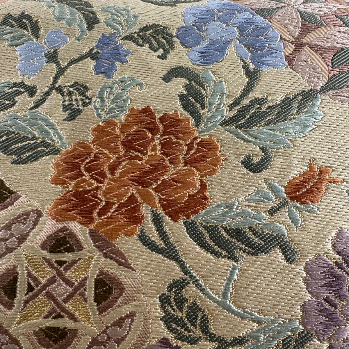 【美品】 袋帶 秀品級 草花紋紋 唐織 金線 薄茶 深藍 六通 純蠶絲