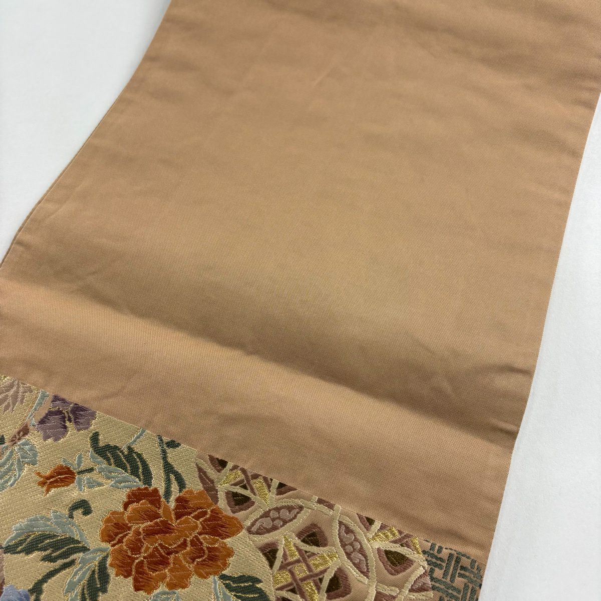 【美品】 袋帶 秀品級 草花紋紋 唐織 金線 薄茶 深藍 六通 純蠶絲