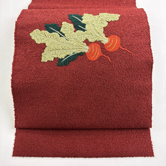 【美品】 名古屋帶 秀品級 八寸名古屋帶 松樹葉仕立 紅蕪 刺繡 金線 深紅 純蠶絲