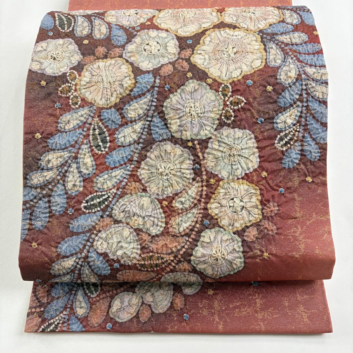 【美品】 袋帶 秀品級 附落款 辻花染 銀線 金金箔 茜色 大鼓圖案 純蠶絲