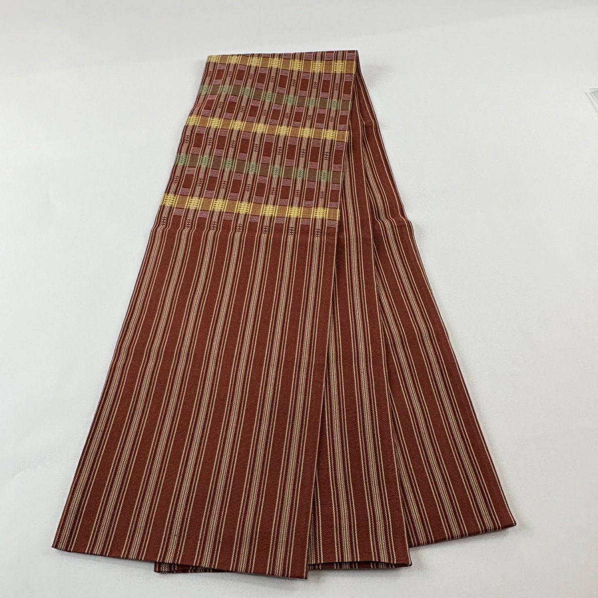 【美品】 袋帶 名古屋帶 秀品級 紬織織 地 細條 茶 純蠶絲