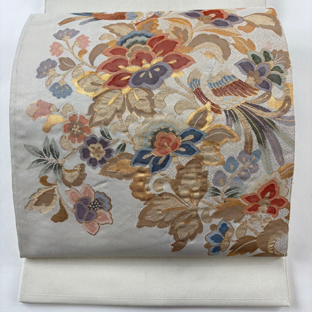 【美品】 袋帶 秀品級 關西仕立 花鳥 金銀彩 金金箔 奶油色 大鼓圖案 純蠶絲