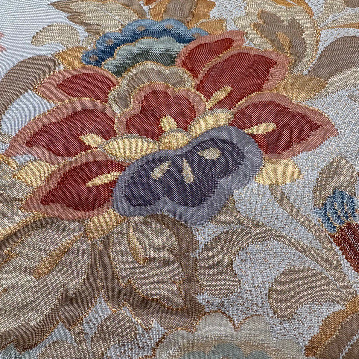 【美品】 袋帶 秀品級 關西仕立 花鳥 金銀彩 金金箔 奶油色 大鼓圖案 純蠶絲