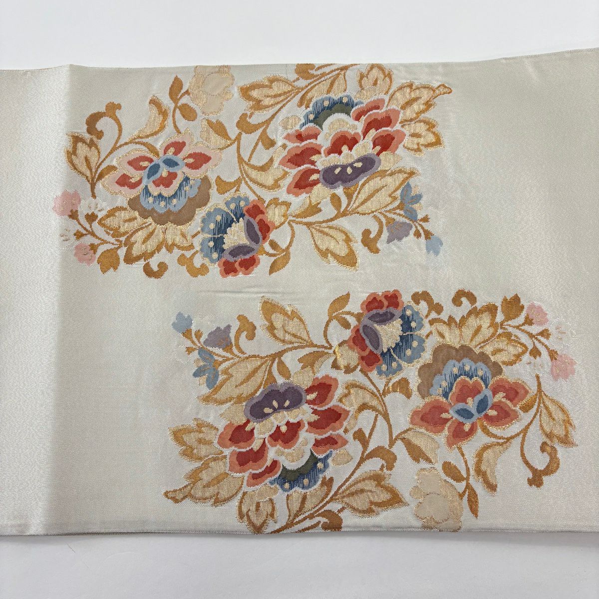 【美品】 袋帶 秀品級 關西仕立 花鳥 金銀彩 金金箔 奶油色 大鼓圖案 純蠶絲