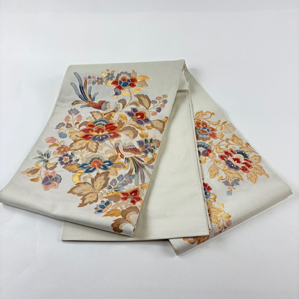 【美品】 袋帶 秀品級 關西仕立 花鳥 金銀彩 金金箔 奶油色 大鼓圖案 純蠶絲