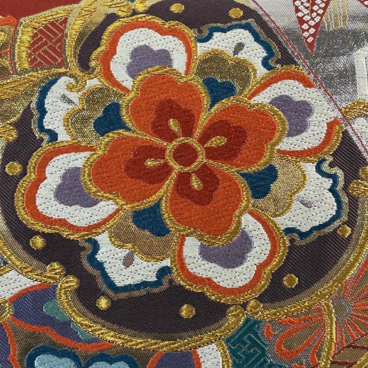 【美品】 袋帶 秀品級 華紋 寶盡くし 金絲 金金箔 紅茶 六通 純蠶絲