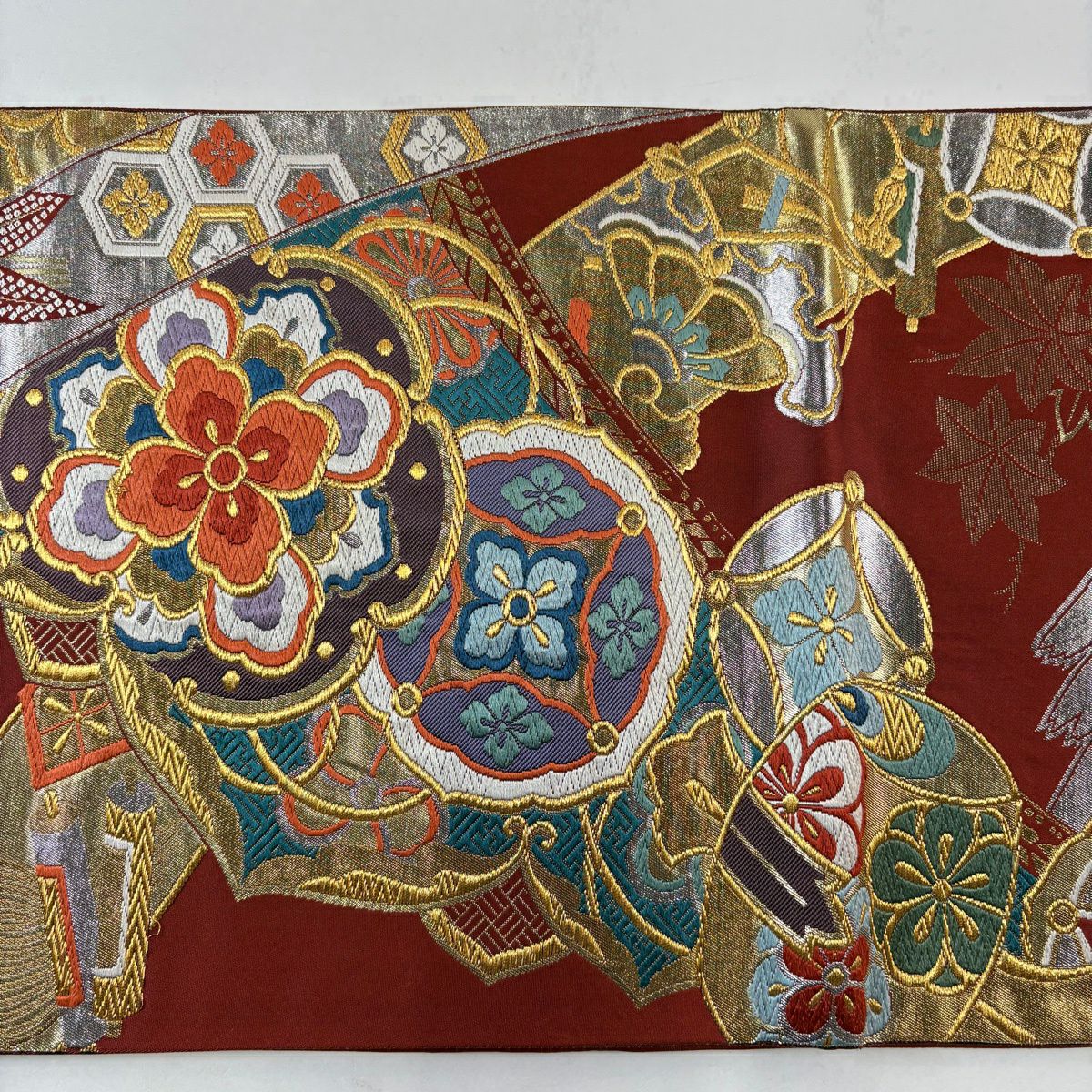 【美品】 袋帶 秀品級 華紋 寶盡くし 金絲 金金箔 紅茶 六通 純蠶絲