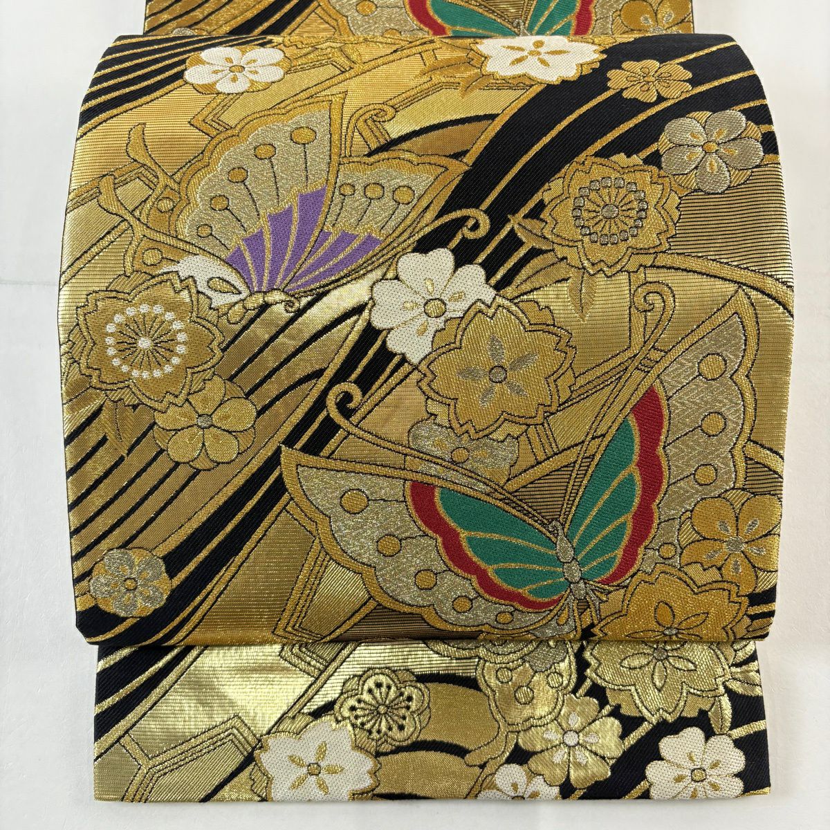 【美品】 袋帶 秀品級 櫻花 蝴蝶 金絲 金金箔 金色 六通 純蠶絲