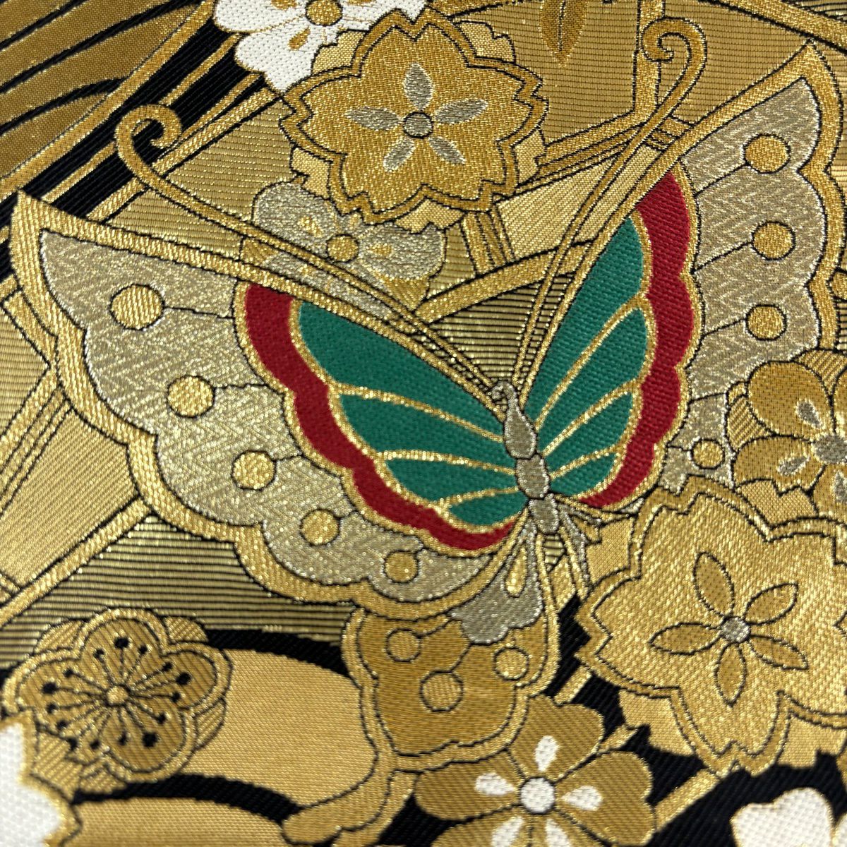 【美品】 袋帶 秀品級 櫻花 蝴蝶 金絲 金金箔 金色 六通 純蠶絲