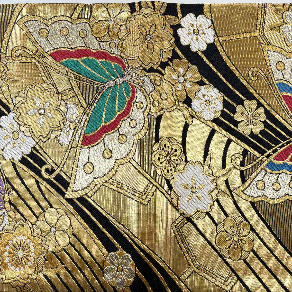 【美品】 袋帶 秀品級 櫻花 蝴蝶 金絲 金金箔 金色 六通 純蠶絲