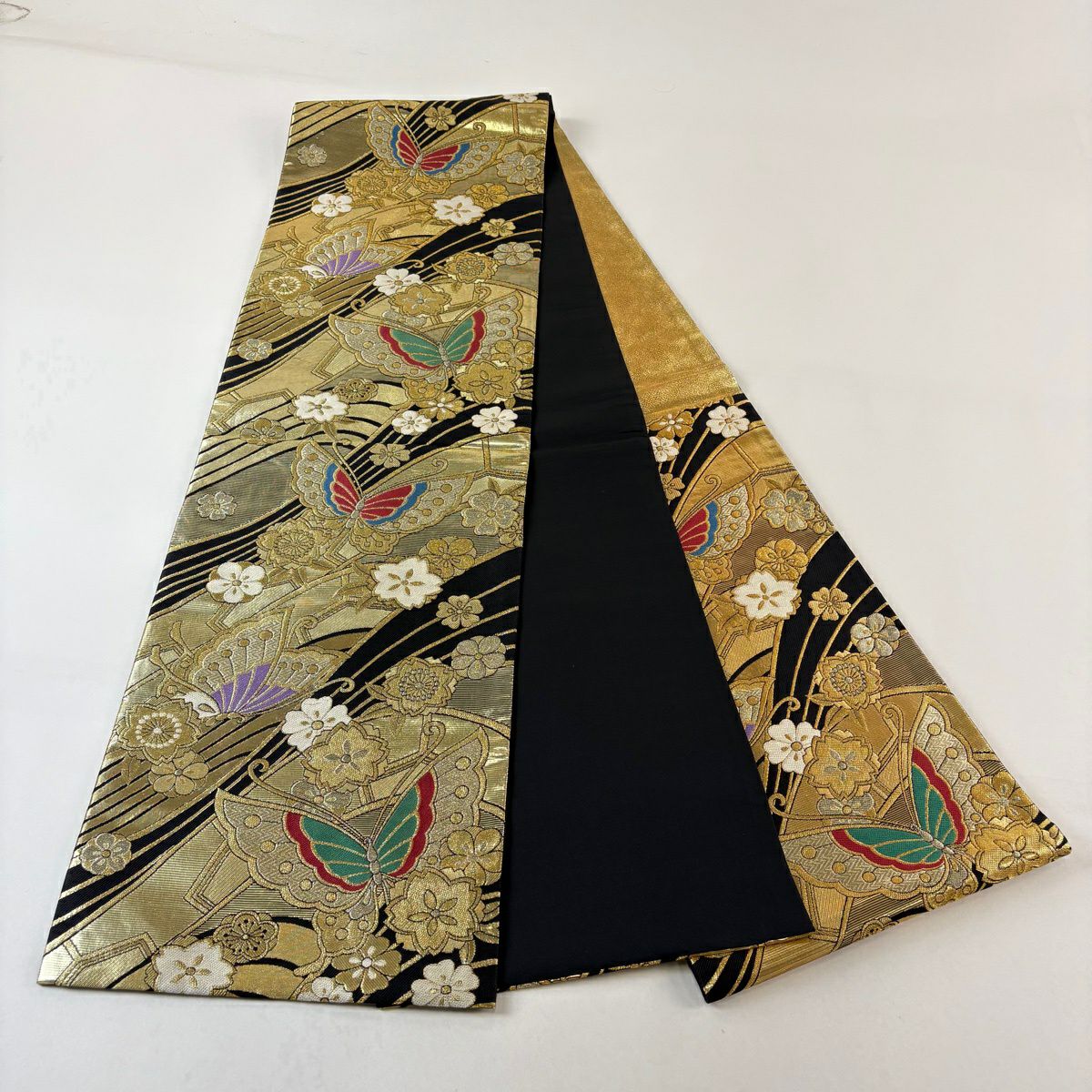 【美品】 袋帶 秀品級 櫻花 蝴蝶 金絲 金金箔 金色 六通 純蠶絲