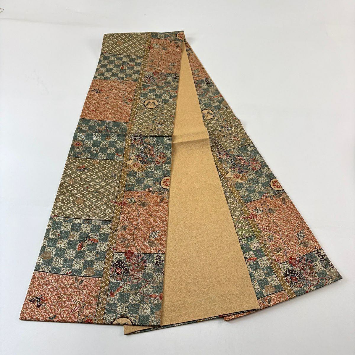 袋帶 秀品級 蝴蝶 市松樹 金銀彩 灰綠 全通 純蠶絲