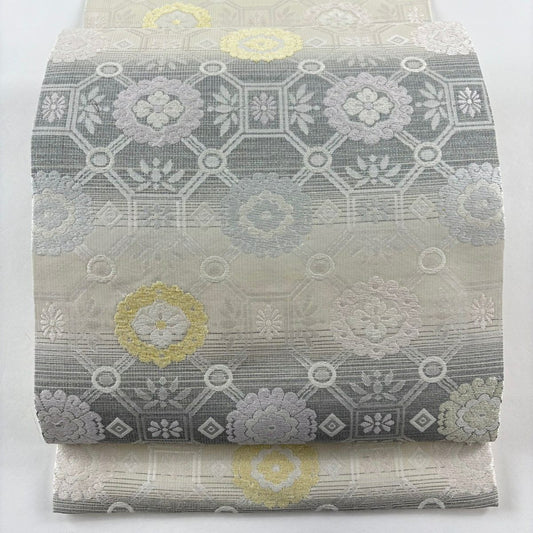 開口名古屋帶 秀品級 蜀江華紋 金金箔 灰白 純蠶絲
