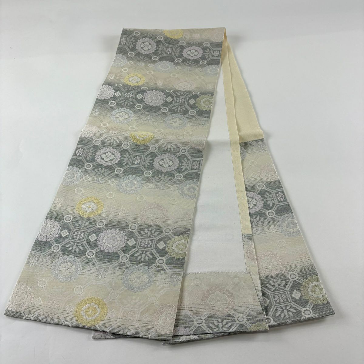 開口名古屋帶 秀品級 蜀江華紋 金金箔 灰白 純蠶絲