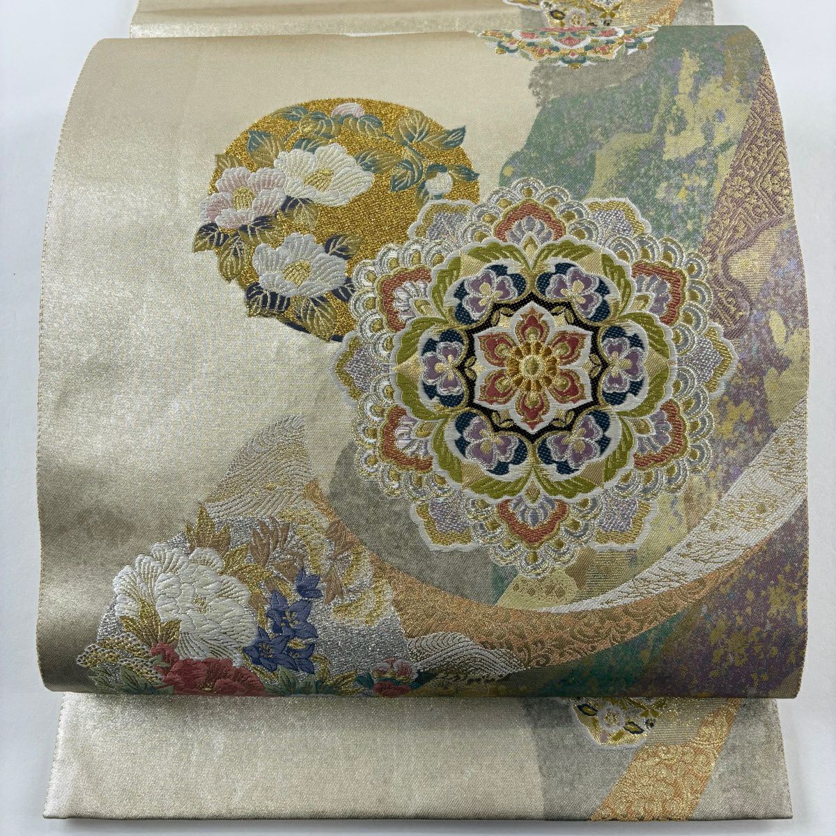 【美品】 袋帶 秀品級 華翔熨斗紋文 金銀絲 金金箔 金色 六通 純蠶絲