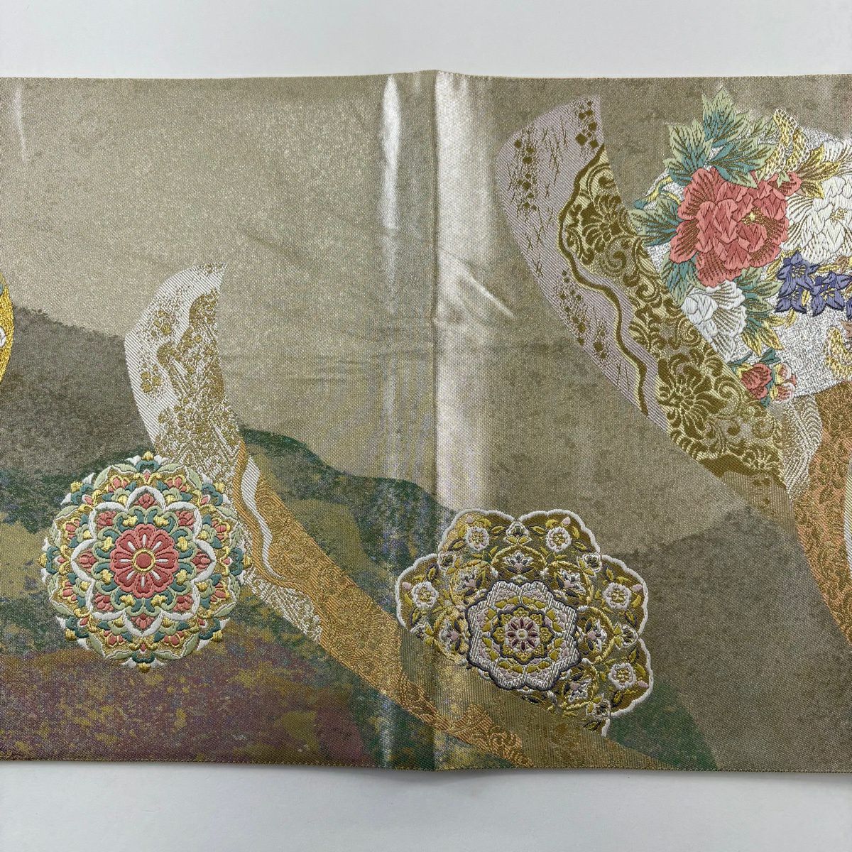 【美品】 袋帶 秀品級 華翔熨斗紋文 金銀絲 金金箔 金色 六通 純蠶絲